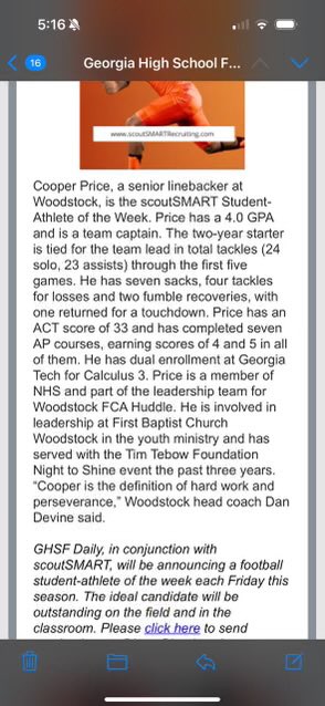 WoodstockFtball's tweet photo. Congrats to our own senior captain Cooper Price for being named the GHSA daily scoutSmart student athlete of the week. We’re proud of you Coop! Keep it rolling. FOE https://t.co/QReBwuELEs