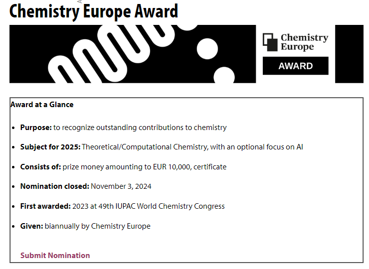 Do you know someone who has made major contributions to theoretical chemistry and computational chemistry? Why not nominate them for next year's <a href="/ChemEurope/">Chemistry Europe</a> Award? 
Nominations close on November 3, 2024! 
#compchem #AI 
chemistryviews.org/chemistryeurop…