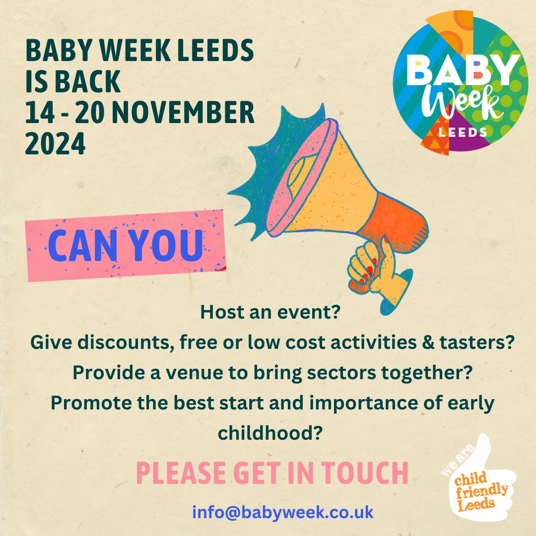 Child Friendly Leeds (@child_leeds) on Twitter photo It’s Friday 🤩 Our friends at <a href="/BabyWeekUK/">Baby Week UK</a> are announcing their plans next week!
Are you expecting or have a little one under 5? Work in maternity, health, early years or education?
Then get involved and sign up to receive their information pack: info@babyweek.co.uk 📣 It’s Friday 🤩 Our friends at <a href="/BabyWeekUK/">Baby Week UK</a> are announcing their plans next week!
Are you expecting or have a little one under 5? Work in maternity, health, early years or education?
Then get involved and sign up to receive their information pack: info@babyweek.co.uk 📣
