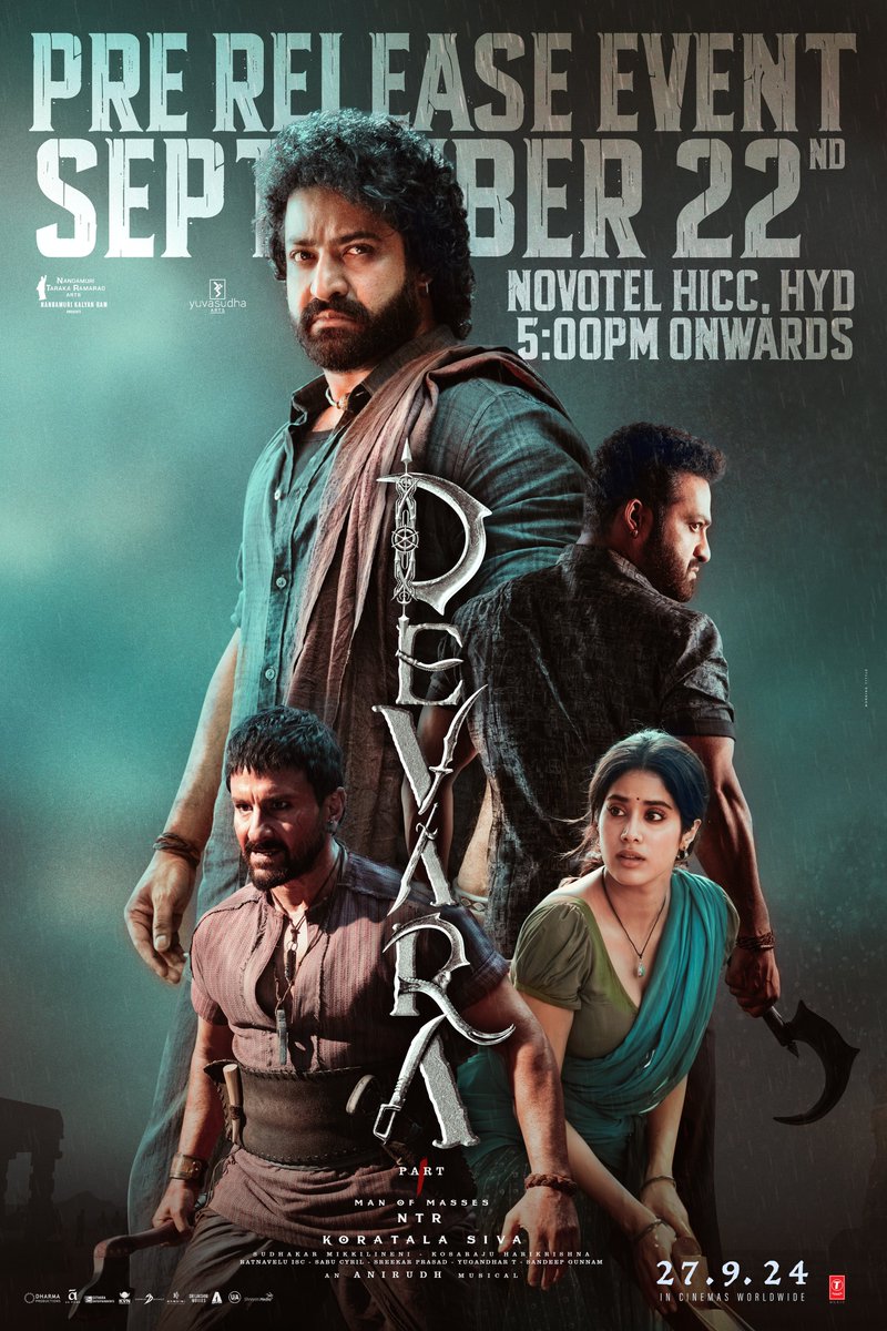 DevaraMovie's tweet photo. Fear isn’t just for those with courage…..
It’s for a celebration too ❤️

The FIRST STEP towards the BIG FESTIVAL begins on September 22nd with #Devara Pre Release Event!

Let’s Welcome the Mass Euphoria together. See you all at Novotel HICC, Hyderabad!

#DevaraOnSep27th https://t.co/T5unctsbG7