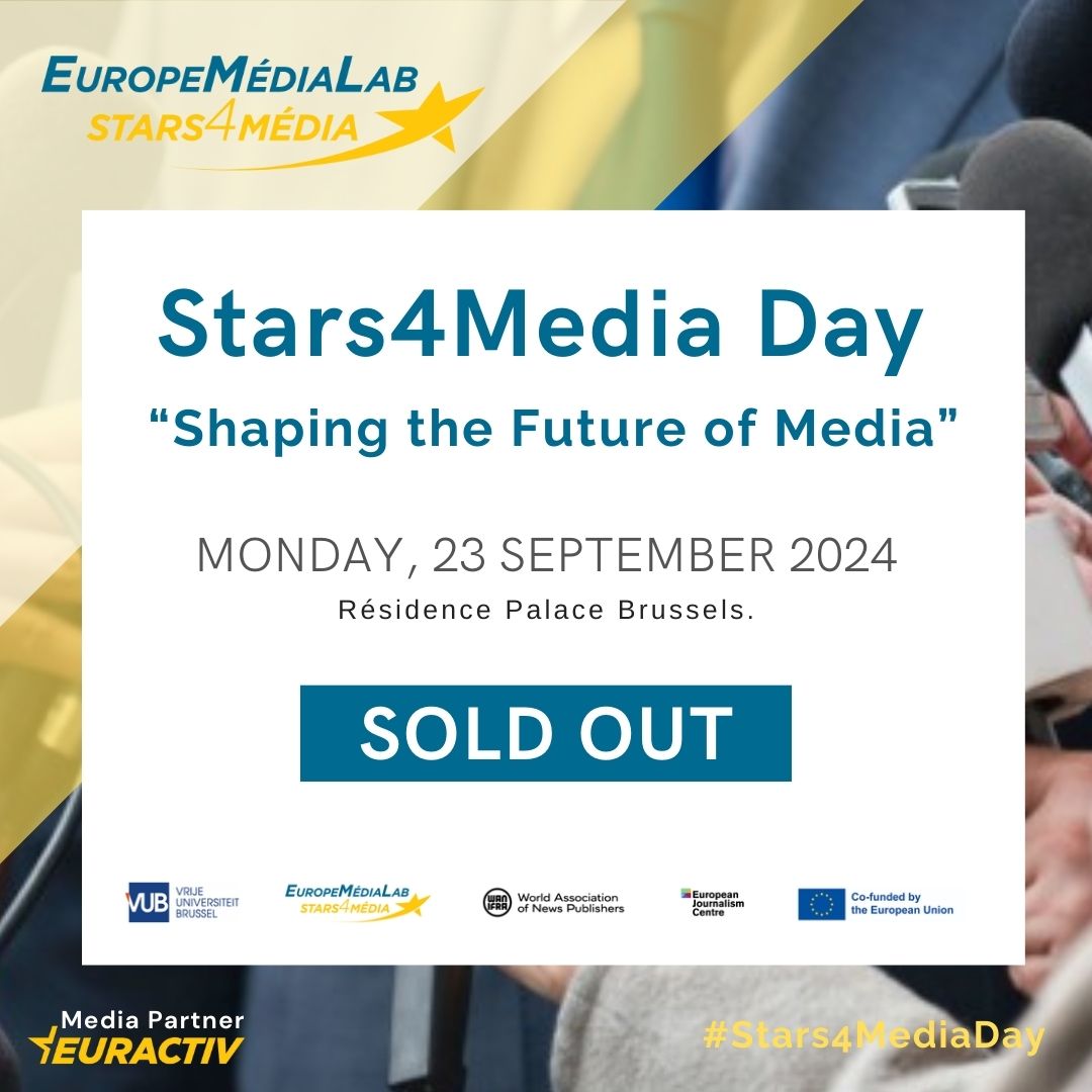 🚨 Sold Out! 🚨
Stars4Media Day: Shaping the Future of Media on Monday, September 23rd is sold out! 🎉

Thank you to everyone who registered, check the programme here: bit.ly/S4MDAYprogramme. 📰✨