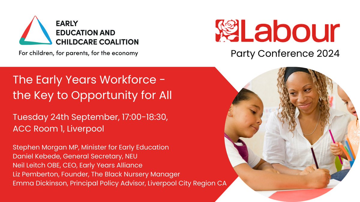 Join us at <a href="/UKLabour/">The Labour Party</a>'s 2024 Conference in Liverpool for our panel on the early years workforce.

Under the new government there is a chance to rescue and reform early education. The foundation of that should be a rewarded and respected early years workforce. The EECC hosts a
