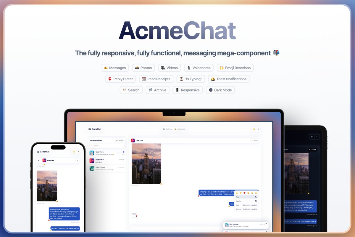 earlytoarrive's tweet image. AcmeChat is now live on the @flutterflow Marketplace!
marketplace.flutterflow.io/item/RtdZkHnab…
You can drop it into any existing app in 5 minutes as a 'mega component' - just by creating a Conversations collection, and passing in the single ConversationsList parameter 🙌