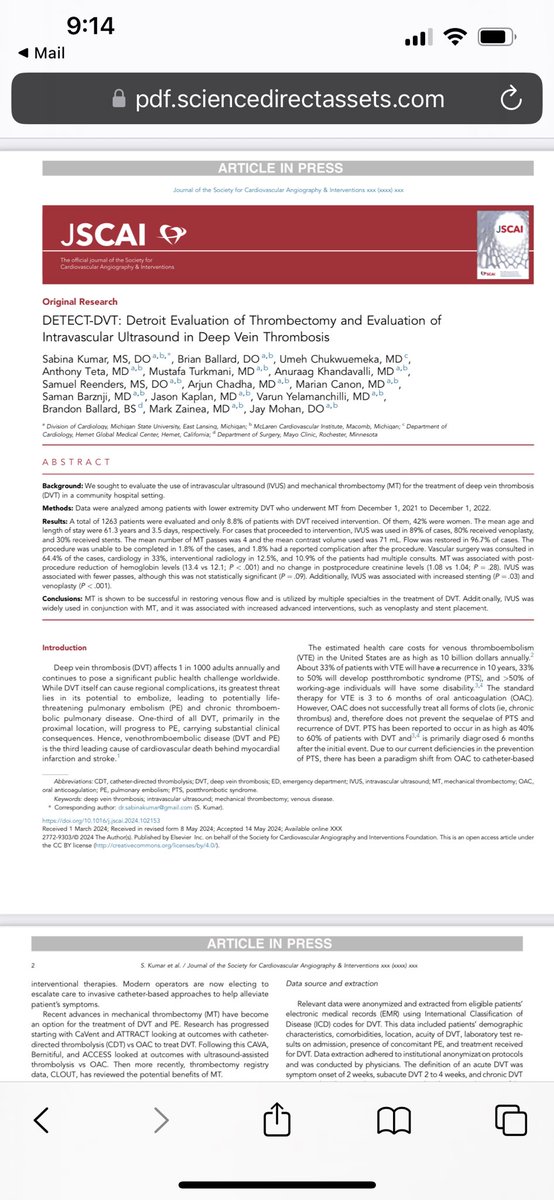 Sabina Kumar (@dr_sabs_) on Twitter photo My first <a href="/MyJSCAI/">MyJSCAI</a> publication!! Thank you to my mentors ( Dr. Mark Zainea & <a href="/DrJayMohan/">Jay Mohan, D.O., FACC, FSCAI, FASE, RPVI</a>) and the rest of the DETECT DVT team!
<a href="/Pooh_Velagapudi/">Poonam Velagapudi</a> <a href="/SandeepNathanMD/">Sandeep Nathan, MD, MSc</a> <a href="/DrAmirKaki/">Amir Kaki, MD</a> <a href="/Babar_Basir/">Babar Basir</a> <a href="/poojaotherwise/">Pooja Swamy, MD, FACC, FSCAI</a> <a href="/GiorgioMedranda/">Giorgio A. Medranda MD, FACC, FAHA, FSCAI</a> <a href="/HadyLichaaMD/">Hady Lichaa, MD, FACC, FSCAI, FSVM, RPVI</a> <a href="/sahilparikhmd/">Sahil A. Parikh, MD</a> 
sciencedirect.com/science/articl… My first <a href="/MyJSCAI/">MyJSCAI</a> publication!! Thank you to my mentors ( Dr. Mark Zainea & <a href="/DrJayMohan/">Jay Mohan, D.O., FACC, FSCAI, FASE, RPVI</a>) and the rest of the DETECT DVT team!
<a href="/Pooh_Velagapudi/">Poonam Velagapudi</a> <a href="/SandeepNathanMD/">Sandeep Nathan, MD, MSc</a> <a href="/DrAmirKaki/">Amir Kaki, MD</a> <a href="/Babar_Basir/">Babar Basir</a> <a href="/poojaotherwise/">Pooja Swamy, MD, FACC, FSCAI</a> <a href="/GiorgioMedranda/">Giorgio A. Medranda MD, FACC, FAHA, FSCAI</a> <a href="/HadyLichaaMD/">Hady Lichaa, MD, FACC, FSCAI, FSVM, RPVI</a> <a href="/sahilparikhmd/">Sahil A. Parikh, MD</a> 
sciencedirect.com/science/articl…