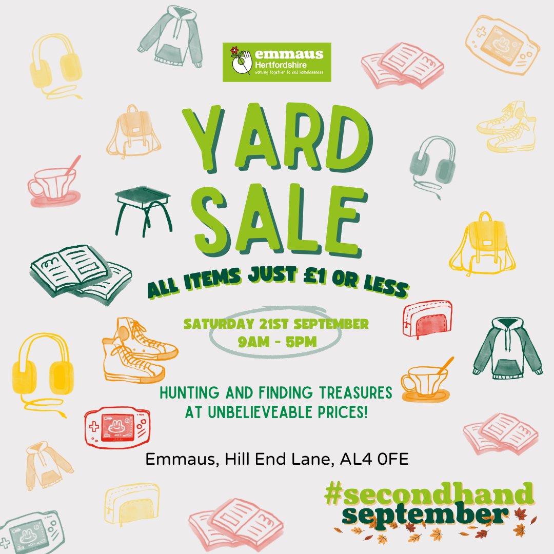 Don't forget to come along to our Yard Sale and grab a preloved bargain or two today!! Our not-to-be-missed sale is being held at our St Albans shop in Crosby Close, Hill End, today (Saturday) from 9am-5pm. Every single item in our yard will be priced at just £1 or less!!💚