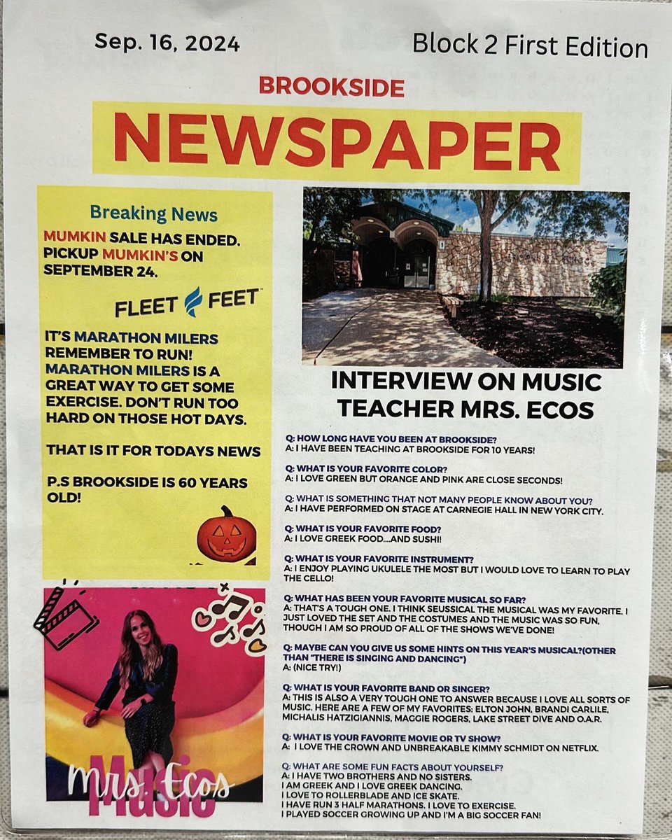 This year, Brookside 5th grade is publishing a weekly school newspaper. I was honored to be a featured interview in this week’s edition. 🎶

Way to go <a href="/bsidefive/">Brookside 5th grade</a> 🐾💙