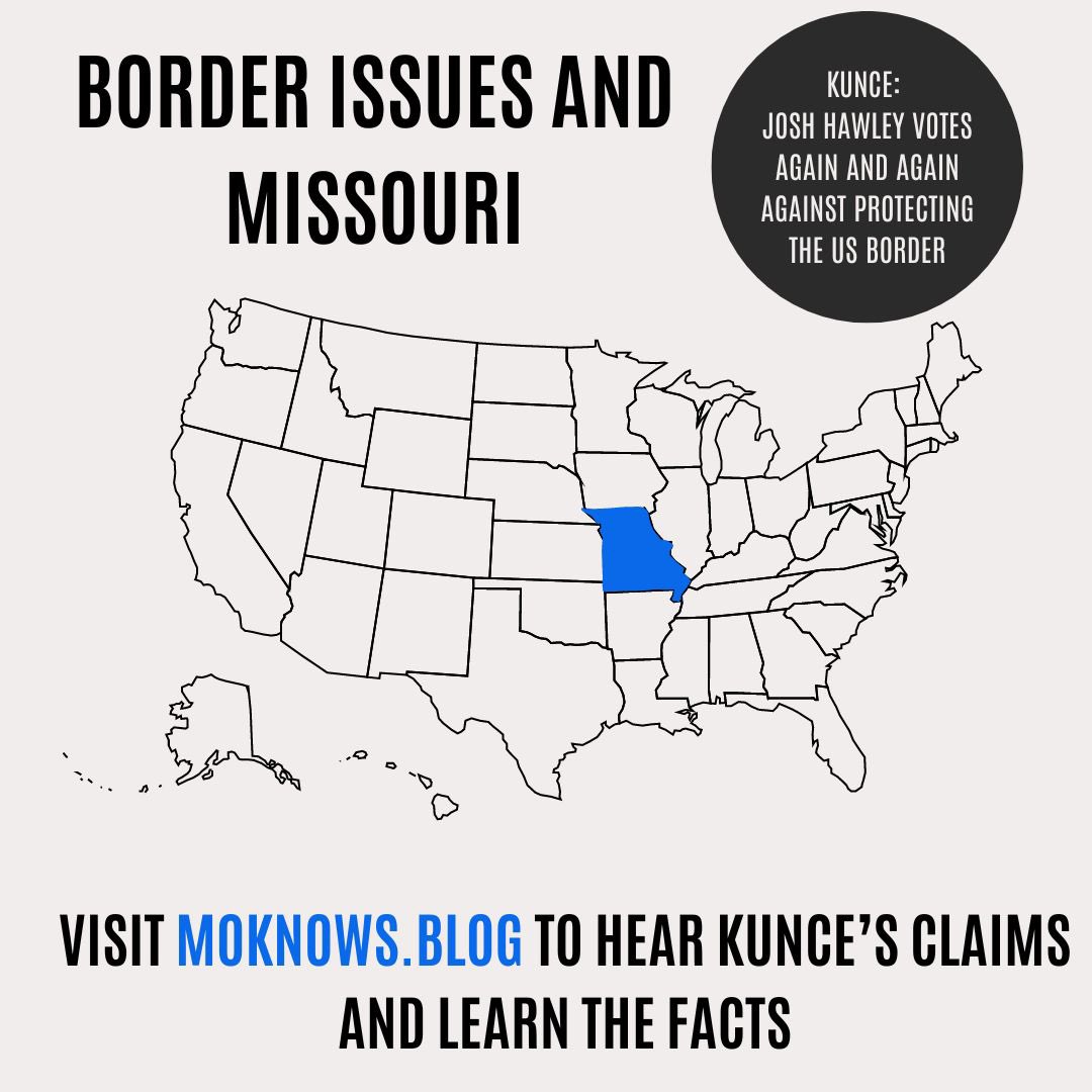 moknows2024's tweet image. In an interview on the Dave Glover Show, Kunce was asked his stance on border control. He claims Hawley has not taken any steps to secure the border. 

Learn the facts at moknows.blog
