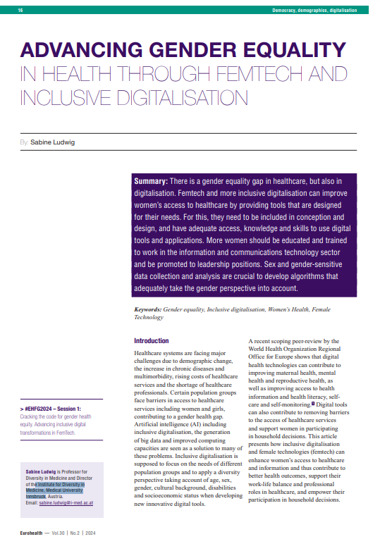 European Observatory on Health Systems & Policies (@obshealth) on Twitter photo There's a #genderequality gap in both healthcare & digitalisation. Femtech & inclusive digital tools can improve women's access to healthcare, but more women in tech & leadership are key.
Read more in the new #Eurohealth ahead of <a href="/GasteinForum/">GasteinForum</a>: tinyurl.com/EurohealthEHFG
#EHFG2024 There's a #genderequality gap in both healthcare & digitalisation. Femtech & inclusive digital tools can improve women's access to healthcare, but more women in tech & leadership are key.
Read more in the new #Eurohealth ahead of <a href="/GasteinForum/">GasteinForum</a>: tinyurl.com/EurohealthEHFG
#EHFG2024