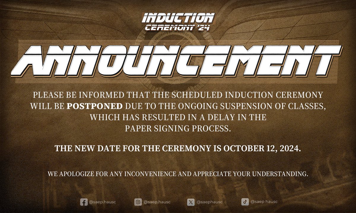 saephausc's tweet photo. 📢 𝙄𝙣𝙙𝙪𝙘𝙩𝙞𝙤𝙣 𝙐𝙥𝙙𝙖𝙩𝙚: The ceremony has been postponed to October 12 due to unforeseen circumstances. We appreciate your patience as we navigate these challenges, and let's work together to ensure that this year’s induction is a celebration to remember 💫 https://t.co/vGHb2kGjKR