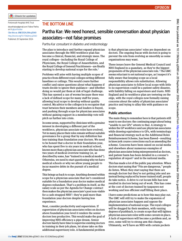 parthaskar's tweet photo. *NEW*
"The plan to introduce & further expand physician associates through the #NHSworkforceplan has become a clinical, financial, & strategic mess"
Some reflections...& predictions- with some advice -for what it's worth- to Colleges
Via @bmj_latest
https://t.co/KjWuAeffAN https://t.co/cG0ghh7W86