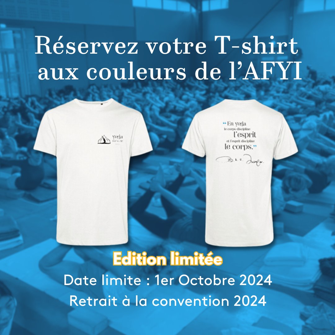"En yoga, le corps discipline l'esprit et l'esprit discipline le corps".

Tous les bénéfices seront reversés à la Caisse de Solidarité de l'AFYI.

Date limite de commande : 1er Octobre 2024.

afyi.fr/collect/descri…

#afyi #yogaiyengarfrance