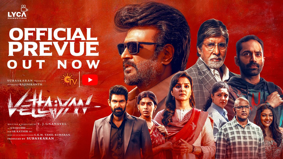 The power-packed #VettaiyanPrevue is out now!🔥💥

youtube.com/watch?v=pE1qTi…

<a href="/rajinikanth/">Rajinikanth</a> <a href="/SrBachchan/">Amitabh Bachchan</a> <a href="/tjgnan/">Gnanavel</a> <a href="/anirudhofficial/">Anirudh Ravichander</a> #FahadhFaasil <a href="/RanaDaggubati/">Rana Daggubati</a> <a href="/ManjuWarrier4/">Manju Warrier</a> <a href="/abhiramiact/">Abhirami</a> <a href="/ritika_offl/">Ritika Singh</a> <a href="/officialdushara/">Dushara</a> <a href="/LycaProductions/">Lyca Productions</a> <a href="/SonyMusicSouth/">Sony Music South India</a> #Vettaiyan