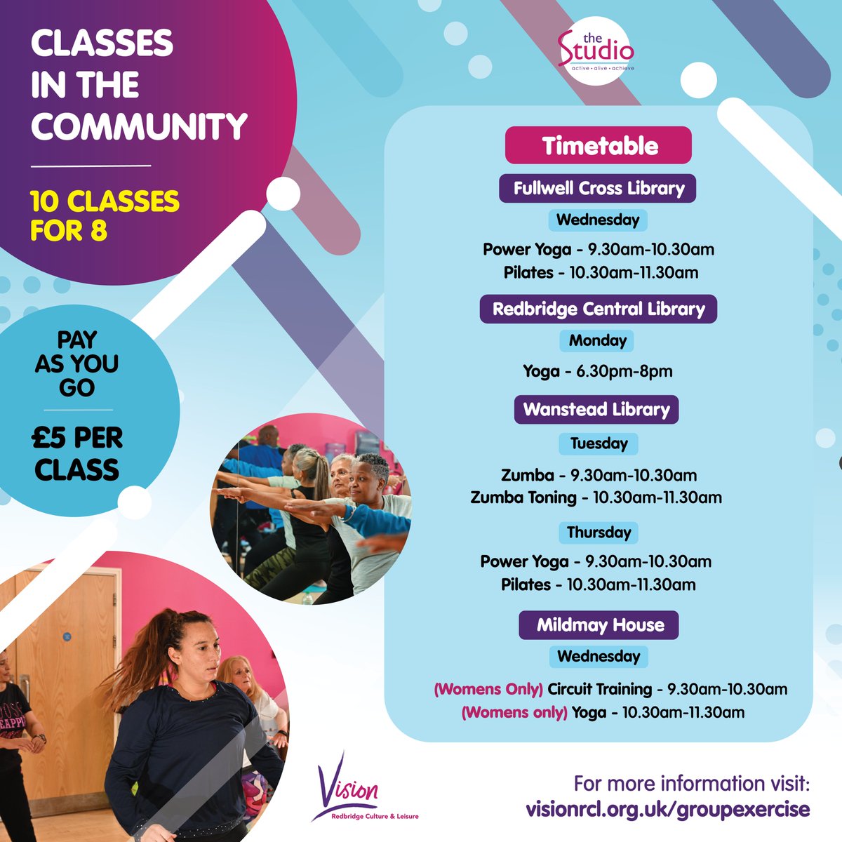 Try out our Classes in the Community!

Classes include:
💃Zumba
🏃Pilates
💪Zumba Toning
🧘‍♀️Power Yoga
🏋️‍♀️Circuit training and more!

Find out more about the range of classes we offer and try them for yourself with pay as you go options available:
visionrcl.org.uk/groupexercise