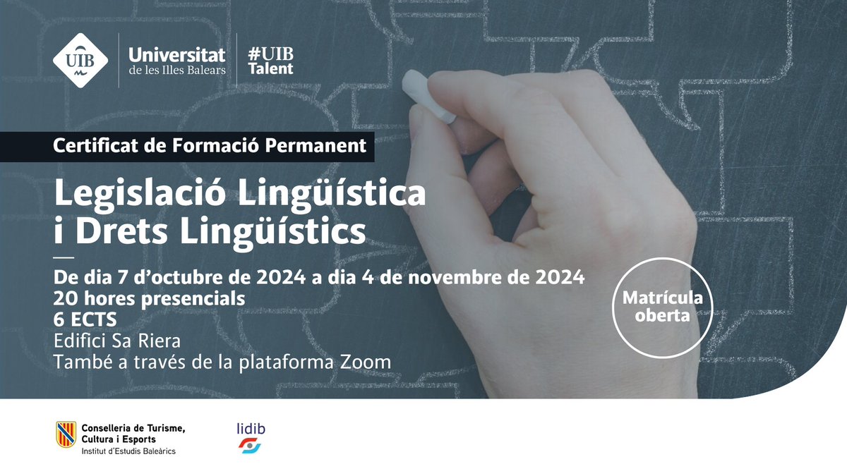UIBTalent (@uibtalent) on Twitter photo 📚 Aprèn els drets lingüístics amb el curs de la <a href="/UIBuniversitat/">Universitat de les Illes Balears - UIB</a>! Una formació clau per conèixer el marc legal del català i els drets que en deriven. 🏛️✊
🔗 Inscriu-t’hi: fueib.org/curs/dretlin
#UIB #DretsLingüístics #LlenguaCatalana #uibtalent 📚 Aprèn els drets lingüístics amb el curs de la <a href="/UIBuniversitat/">Universitat de les Illes Balears - UIB</a>! Una formació clau per conèixer el marc legal del català i els drets que en deriven. 🏛️✊
🔗 Inscriu-t’hi: fueib.org/curs/dretlin
#UIB #DretsLingüístics #LlenguaCatalana #uibtalent