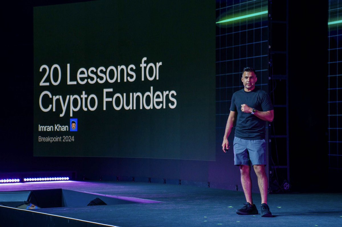 solana's tweet photo. 20 lessons for founders by @lmrankhan from @alliancedao at Breakpoint:

1. Start with a small problem or design space
2. Avoid consensus ideas
3. Build for a small group of users
4. Validate your thesis with an MVP
5. Launch your ideas within 30 days
6. Do things that don't scale
7. Don't overbuild; use existing tools to simulate
8. Recruit your users one-by-one until you reach 50
9. Ask for feedback constantly and iterate the product
10. Don't take feedback literally
11. Achieve consistency with 50-100 DAUs
12. Work on your business model
13. Drill down on metrics and figure out for growth
14. Be persistent: email, DM in group chats, use X
15. Celebrate small wins and take short breaks
16. Work hard
17. Protect your equity
18. Raising little will teach you to do more with less
19. Be frugal
20. Hire and stay lean as long as possible