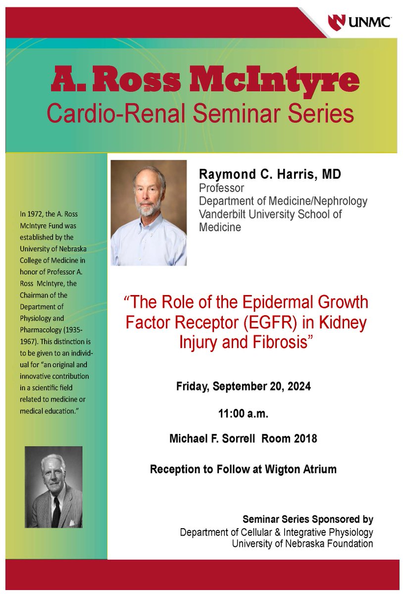 UNMC Physiology (@unmc_physiology) on Twitter photo Dr. Raymond Harris is the recipient of the A. Ross McIntyre Award & he is presenting today at 11:00 am. "The Role of the Epidermal Growth Factor Receptor (EGFR) in Kidney Injury and Fibrosis"
@Gundrylab <a href="/UNMC_CHVR/">UNMC Center for Heart and Vascular Research</a> Dr. Raymond Harris is the recipient of the A. Ross McIntyre Award & he is presenting today at 11:00 am. "The Role of the Epidermal Growth Factor Receptor (EGFR) in Kidney Injury and Fibrosis"
@Gundrylab <a href="/UNMC_CHVR/">UNMC Center for Heart and Vascular Research</a>