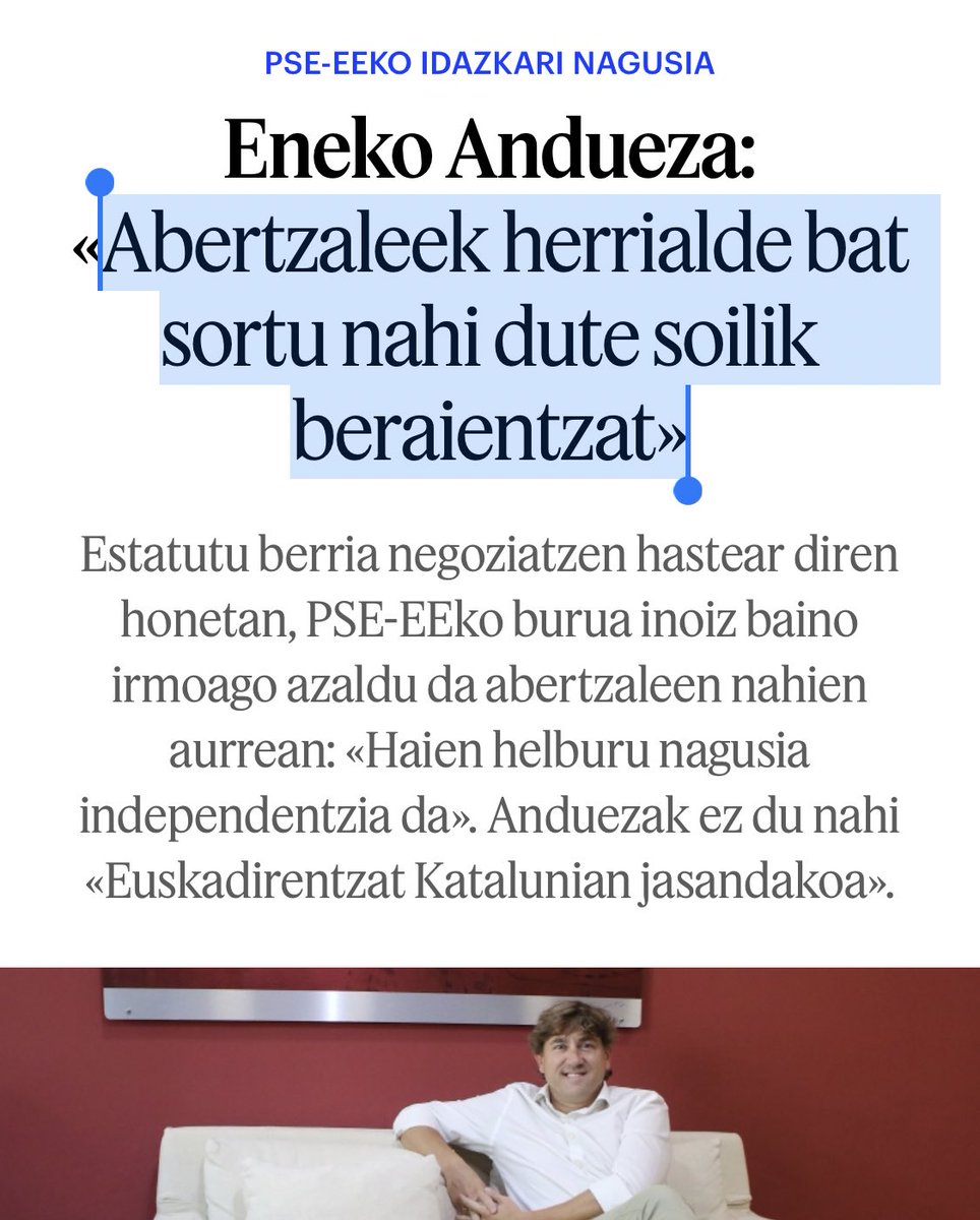 MaialenArteaga's tweet photo. Zur eta lur utzi nau @berria|ko Eneko Anduezaren elkarrizketak. Supremazismoa, gainontzeko sentsibilitate politikoekiko takturik ez, harrokeria, euskarafobia… izugarria da.

BERRIAn halakoak botatzeko ausardia baldin badu, imajinatu etxe barruan zer esango duen. https://t.co/939hRMGPe3