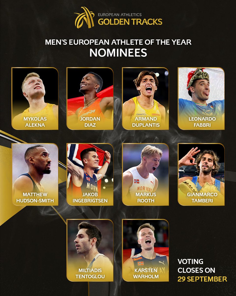 Men’s European Athlete of the Year nominees! ✨

Cast your vote now on the European Athletics website. 🗳️

🔗 european-athletics.com/home/golden-tr…

#GoldenTracks