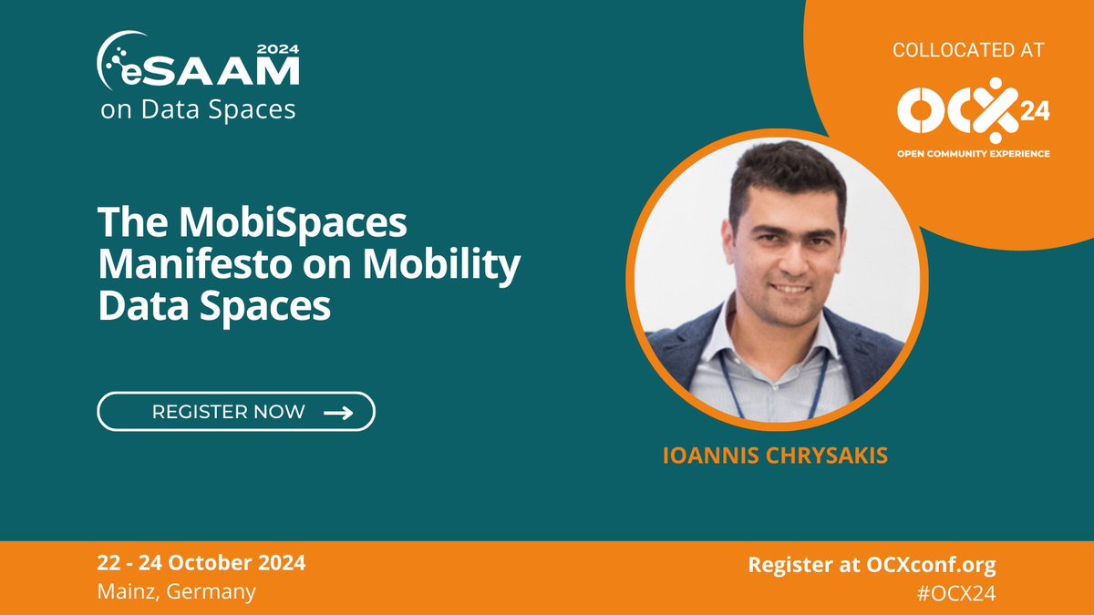 ResearchEclipse's tweet image. Don&apos;t miss Ioannis Chrysakis presenting &quot;The MobiSpaces Manifesto on Mobility Data Spaces&quot; at #eSAAM2024 #OCX24! Join us in Mainz on 22 October. 

Register now! hubs.la/Q02N0xDS0