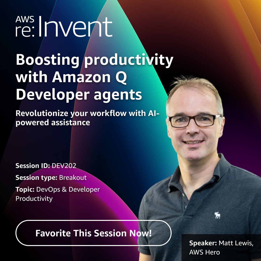 Boost productivity with #AmazonQ Developer agents! 🔗 go.aws/3MVUr3m

Struggling with codebases or AWS features? Let Amazon Q guide you through architecture, code generation, &amp; more! 
🎤 Matt Lewis - AWS Hero
📌 DEV202
✍️ DevOps &amp; Developer Productivity

Don't Miss Out!