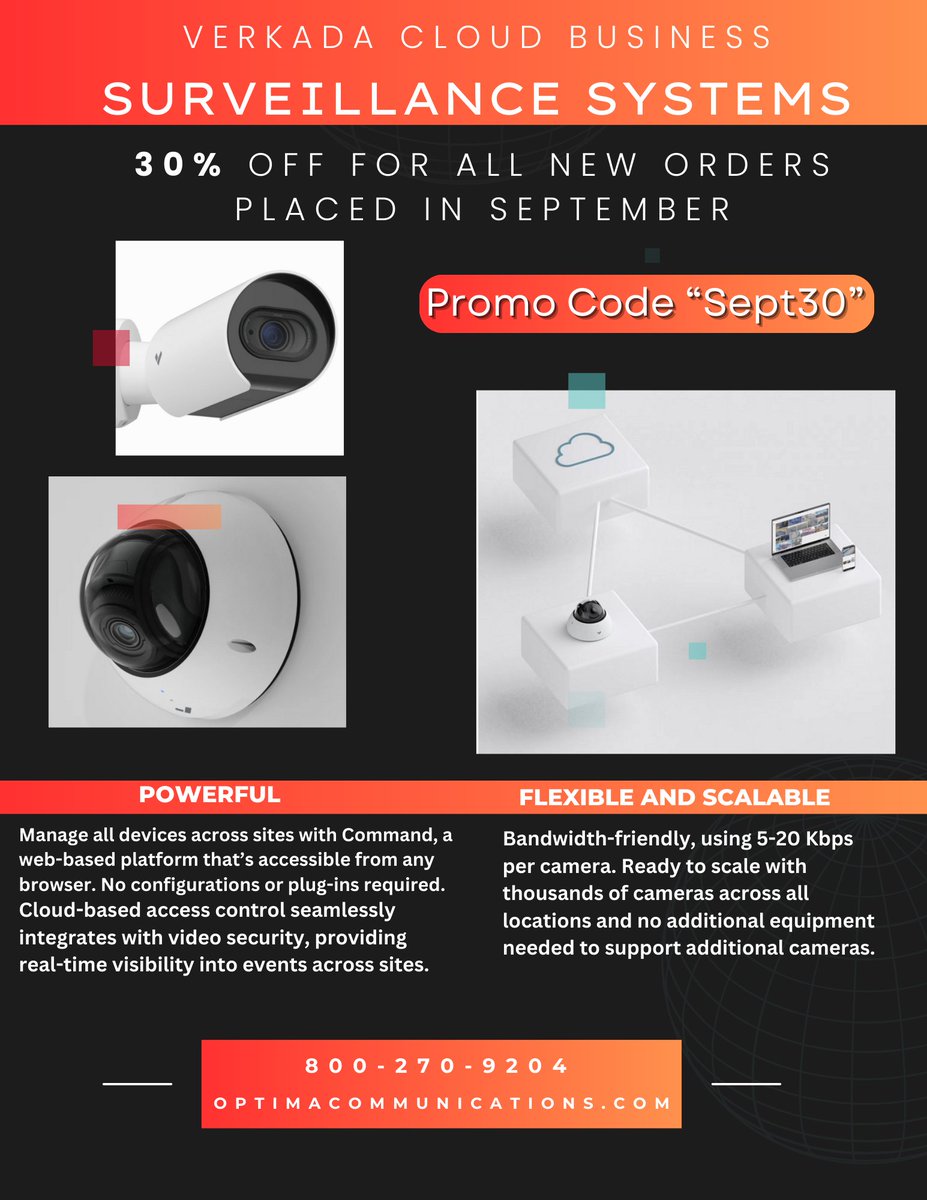 OptimaComm's tweet image. Verkada Cloud Business Surveillance Systems. 30% off for all new orders placed in September. #cloudcameras #businesssurveillance #businesscameras. bit.ly/3RtTUbG