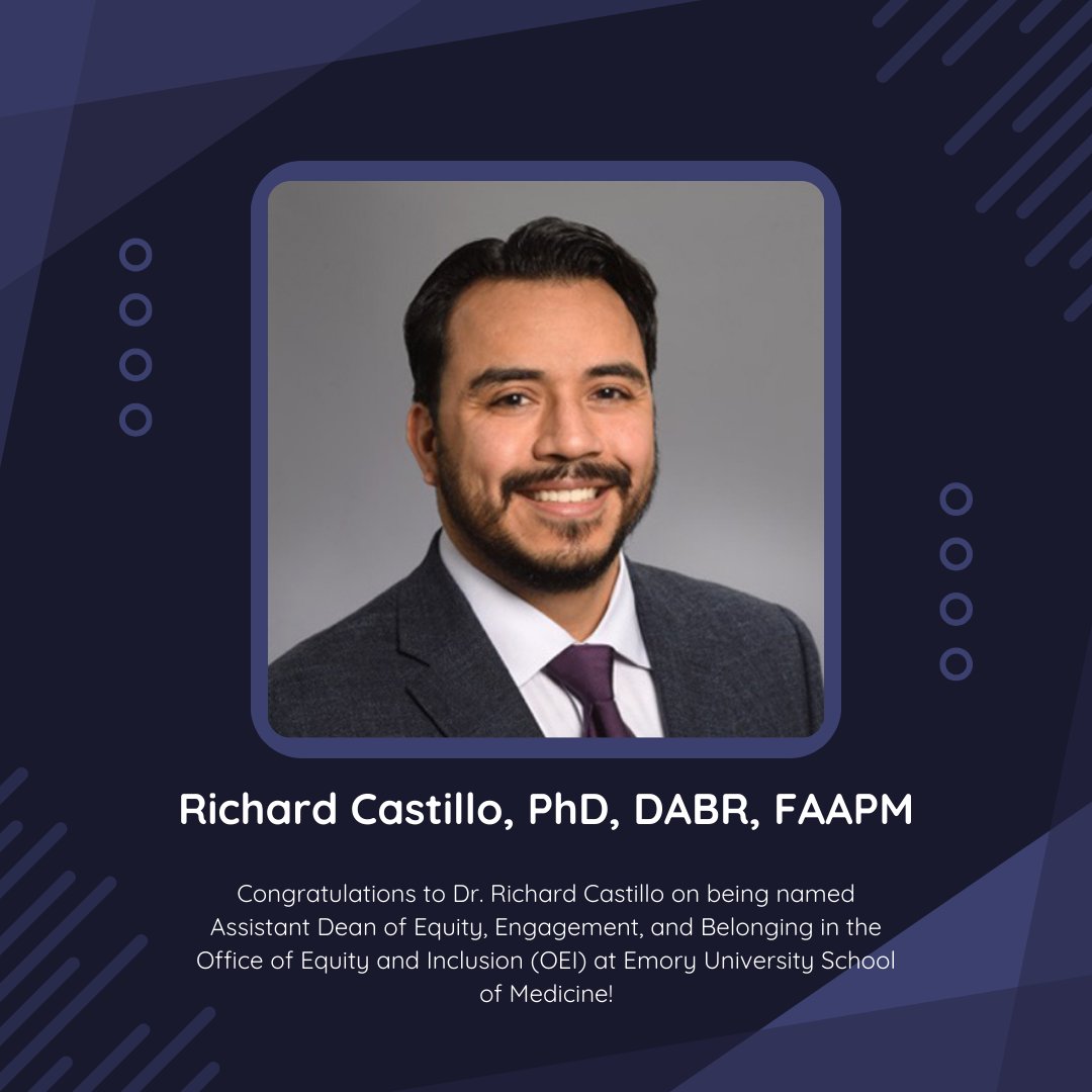AAPM Equity, Diversity and Inclusion Committee (@aapm_edic) on Twitter photo Dr. Richard Castillo has been named the Assistant Dean of Equity, Engagement, and Belonging in the Office of Equity and Inclusion (OEI) effective Oct 1. Dr. Castillo's expertise will help drive progress toward our strategic priorities. <a href="/AAPM_HLMPSC/">AAPM HLMPSC</a> Dr. Richard Castillo has been named the Assistant Dean of Equity, Engagement, and Belonging in the Office of Equity and Inclusion (OEI) effective Oct 1. Dr. Castillo's expertise will help drive progress toward our strategic priorities. <a href="/AAPM_HLMPSC/">AAPM HLMPSC</a>