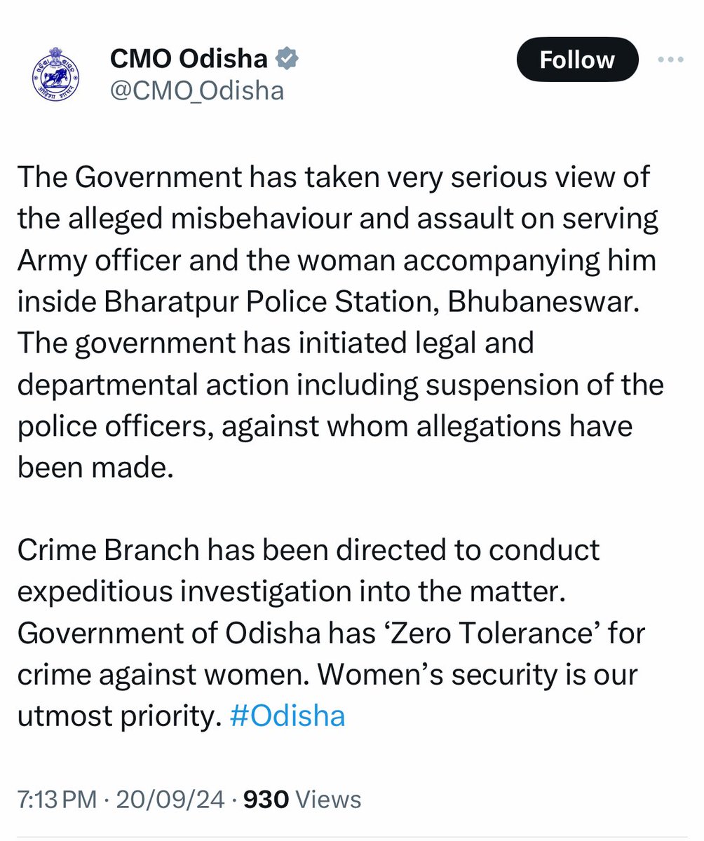 pallavict's tweet image. . @CMO_Odisha जी ने सज्ञान लिया हैं इस भयानक घटना की 

आरोपी पुलिस कर्मचारियों को निलंबित किया हैं 

क्राइम ब्रांच को फटाफट करवाई करने का आदेश दिया हैं 

Zero tolerance to crimes against women 👍👍

पर दीदी, आपसे एक सवाल हैं 

जब भाजपा शासित राज्यों में कोई क्राइम होता हैं तो…