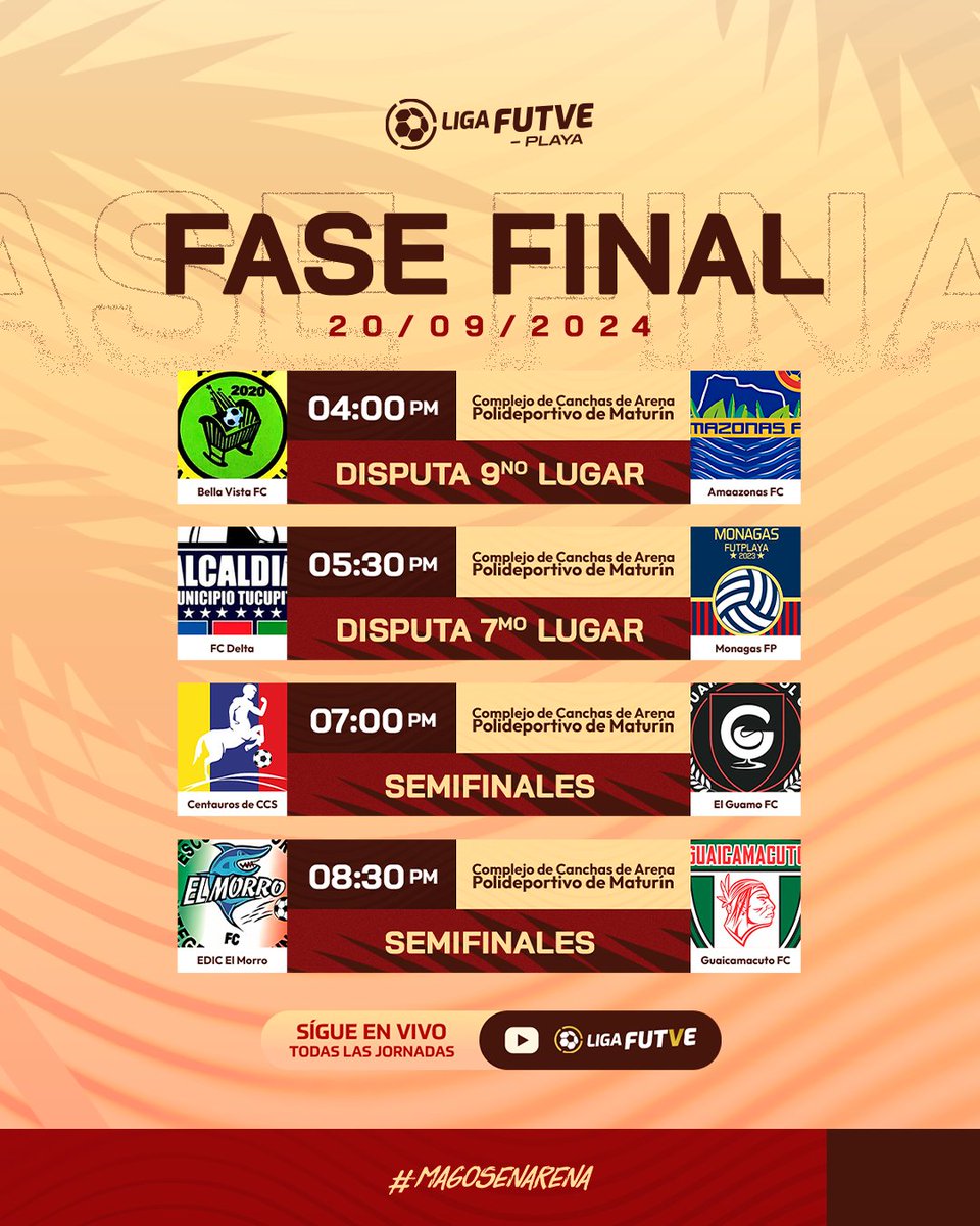 𝗠𝗼𝗺𝗲𝗻𝘁𝗼 𝗱𝗲 𝗹𝗮𝘀 𝘀𝗲𝗺𝗶𝗳𝗶𝗻𝗮𝗹𝗲𝘀 ⚔️

Están todos invitados al inicio de la Fase Final de la #LigaFUTVEPlaya🧡. Te dejamos el calendario para disfrutar hoy en el Complejo de Canchas de Arena del Polideportivo de Maturín.

#MagosEnArena🧡