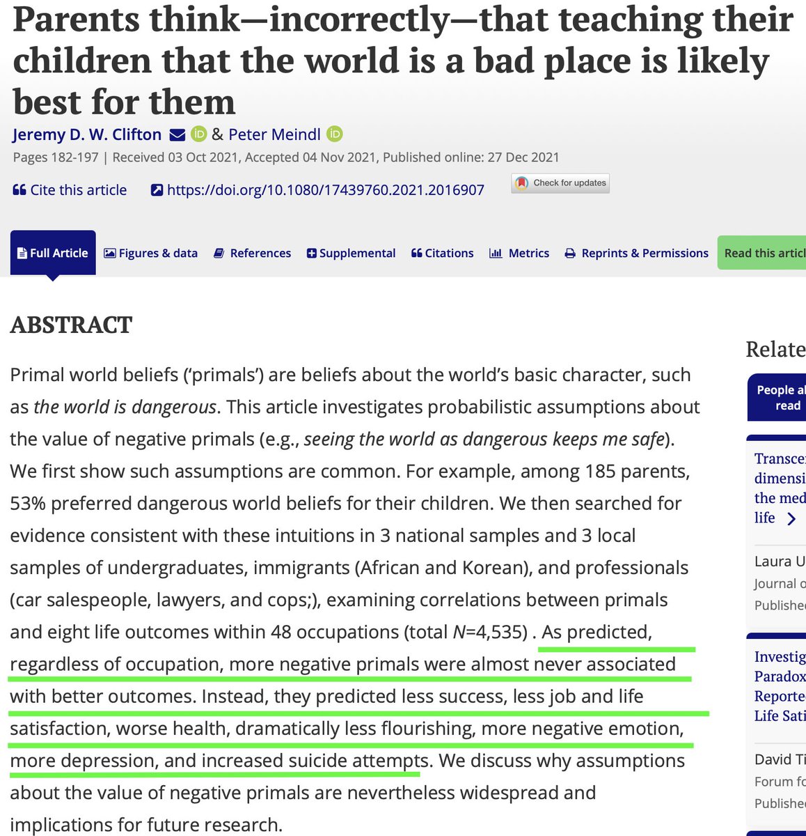 Many parents believe that teaching kids the world is dangerous 🌍🚨 prepares them for life.

The research says otherwise. 📚❌ Those beliefs predicted less success, lower satisfaction, and worse health.

Teaching kids the world is bad doesn’t prepare them—it stifles them. 🚫🌱