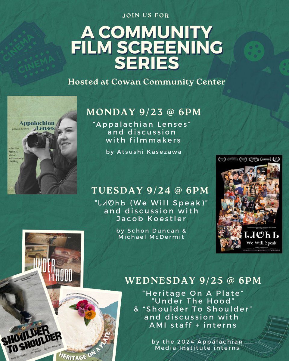 Please join Appalshop, AMI, Blurry Pictures, and Cowan for three nights of FREE film screenings, all hosted at the Cowan Community Center (81 Sturgill Branch, Whitesburg, KY 41858) @ 6pm, 9/23-9/25. You can read more about each film on our blog: appalshop.org/news/free-film…