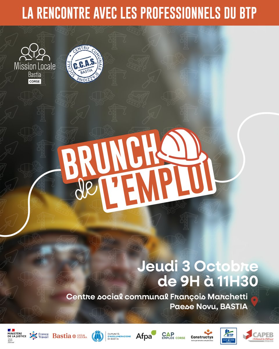 Brunch de l'Emploi 🥐🏗️

🗓️ Jeudi 3/10, de 9h à 11h30, la Mission Locale de Bastia et le CCAS vous invitent à leur Brunch de l'Emploi !

📍Centre social Communal François Marchetti, Route Royale 20600 Bastia.