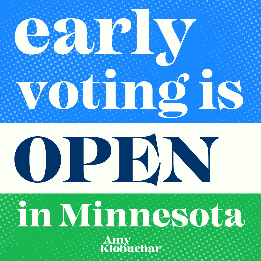 Happy first day of early voting, Minnesota! Go to iwillvote.com to register and find ways to vote - you can now vote early in person or request your mail-in ballot.