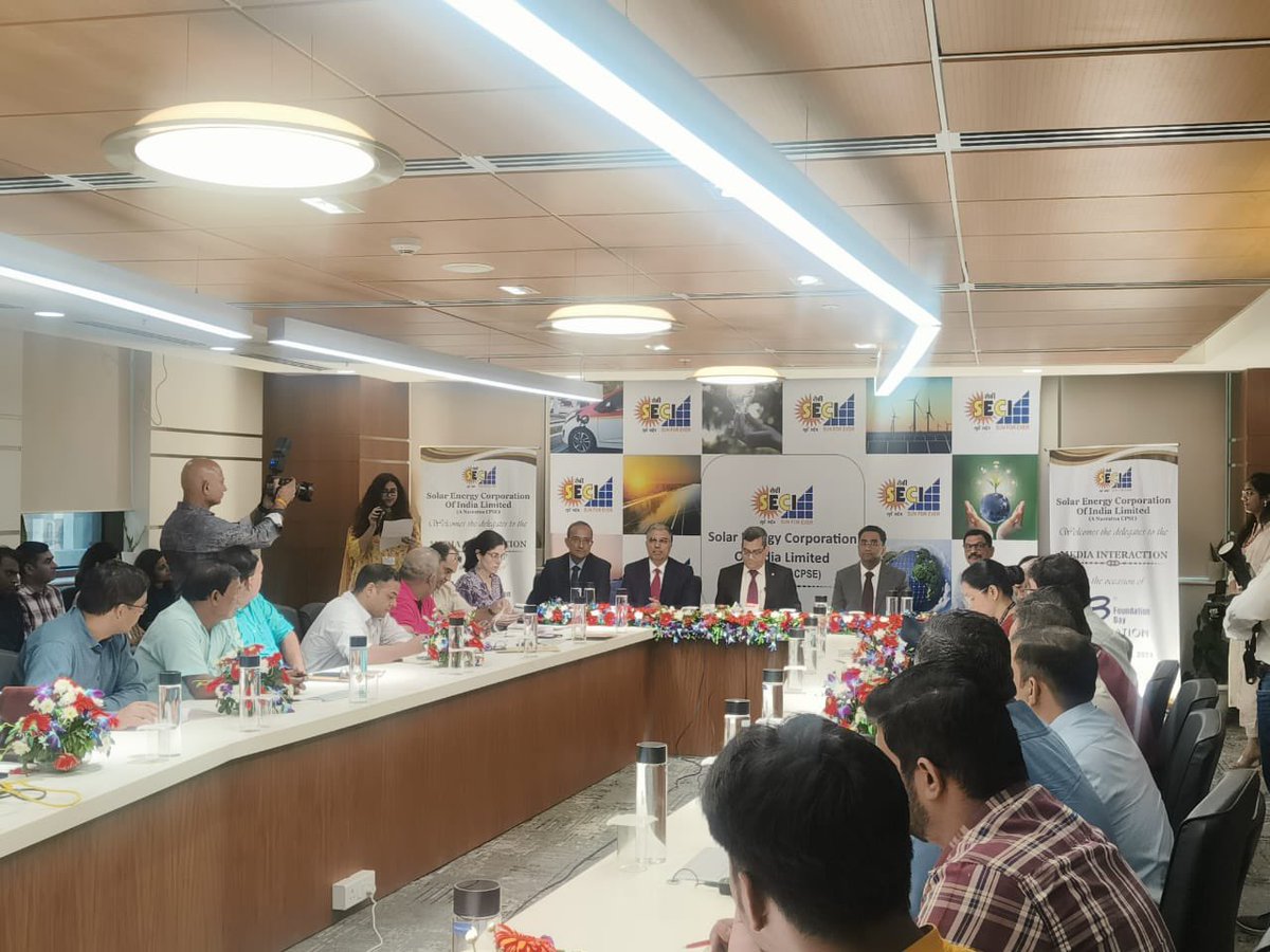 SECI_Ltd's tweet photo. CMD and Directors of SECI addressed media personnel gathered for a briefing on its 13th Foundation Day where key achievements and way forward for the company were highlighted on the occasion.

@mnreindia https://t.co/VtjqH5cSDQ