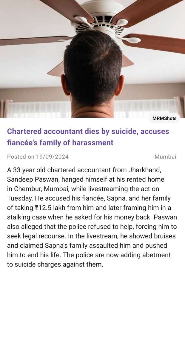 suman2600's tweet photo. How #FalselyAccused takes the life of a Son Brother Father 
Lawmakers Judges r not suffering from that, So they don't care about #MEN
#MenToo r human
#MensCommission
@MLJ_GoI @mygovindia @Bumba_007
@ANI @cskkanu
View more details on MRMShots app. Visit https://t.co/mr9FSMb64z https://t.co/fB1EQvhnTk