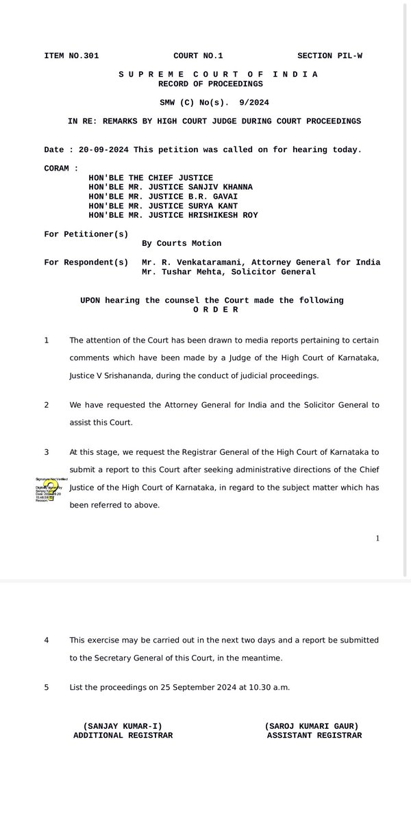 #SupremeCourt 's order in Suo Motu case on remarks made by Ktka High Court's judge is out.

SC to hear the matter on September 25.

<a href="/DeccanHerald/">Deccan Herald</a>
