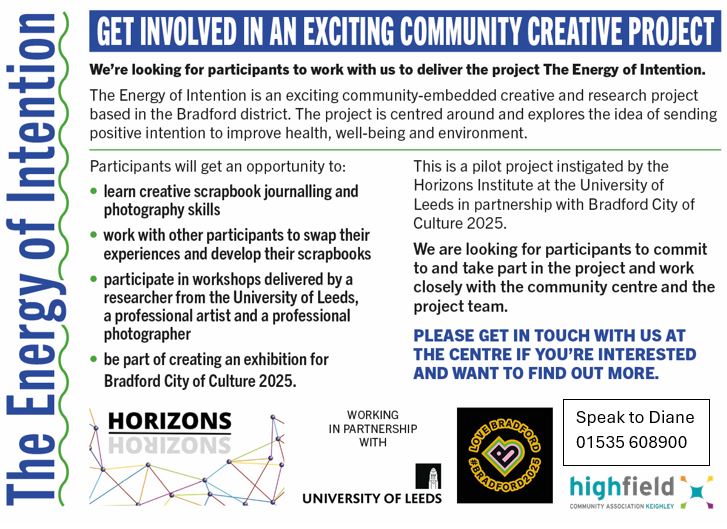 Want to get involved in an exciting Community Creative Project. Due to start week commencing 14th October 2024 Contact <a href="/cdw_diane/">Diane</a> on 01535 608900 for more information