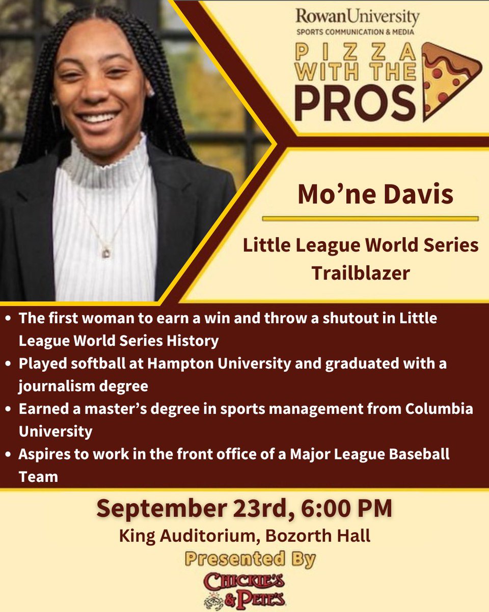 Mo'ne Davis is coming to campus! ⚾️🎤 

Hear from this inspiring athlete and trailblazer at 🍕Pizza with the Pros🍕 in King Auditorium, Bozorth Hall on Monday at 6 PM. 

FREE pizza courtesy of <a href="/ChickiesnPetes/">Chickie's and Pete's</a> Glassboro will start being served at 5:40pm. Hope to see you there!