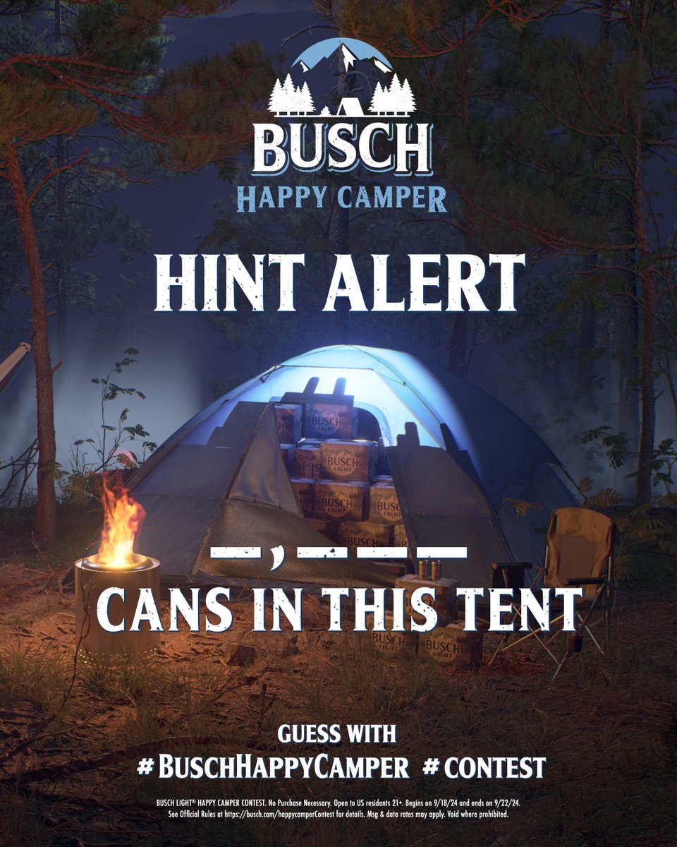 BuschBeer's tweet image. ⛺ HINT ALERT⛺ This tent was filled with _,_ _ _ cans of Busch Light but 4 people can fit in the tent.​

Think you know the magic number? Comment your guess with #BuschHappyCamper and #Contest for your chance to win the setup and a tentload of beer!