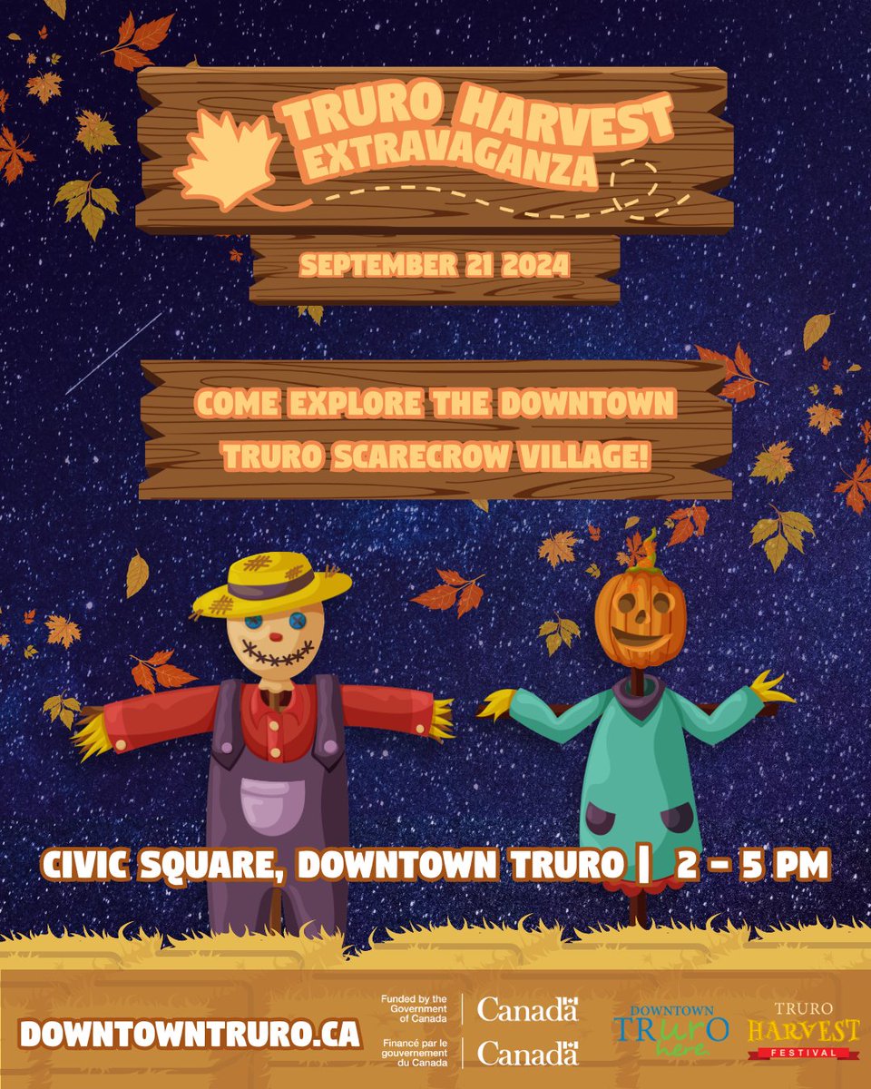 Truro Harvest Extravaganza | September 21st
Civic Square

Join us for the Downtown Truro Harvest Extravaganza! Discover the Scarecrow Village in Civic Square, showcasing over 20 unique scarecrows from local businesses. Fun for all ages awaits!