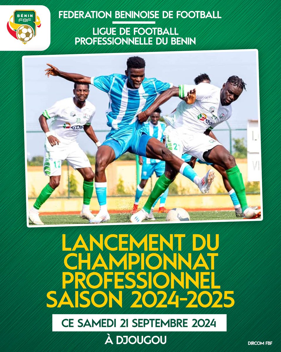 🚨 Lancement du Championnat Professionnel 2024-2025 ⚽

📅 Ce samedi 21 Septembre 2024, rendez-vous à Djougou pour le coup d'envoi de la nouvelle saison du championnat professionnel béninois ! 🔥🏆

#LigueProBenin #Championnat2024 #Febefoot
