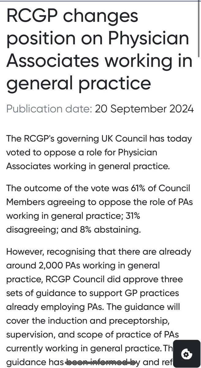 🚨 Breaking news 

The <a href="/rcgp/">Royal College of General Practitioners</a> has opposed the expansion of PAs in primary care 😮 

They have also opposed the paragraph allowing current scope of existing PAs in primary care to continue. 

New work will commence to set that scope. 

I did not actually expect this and I’m