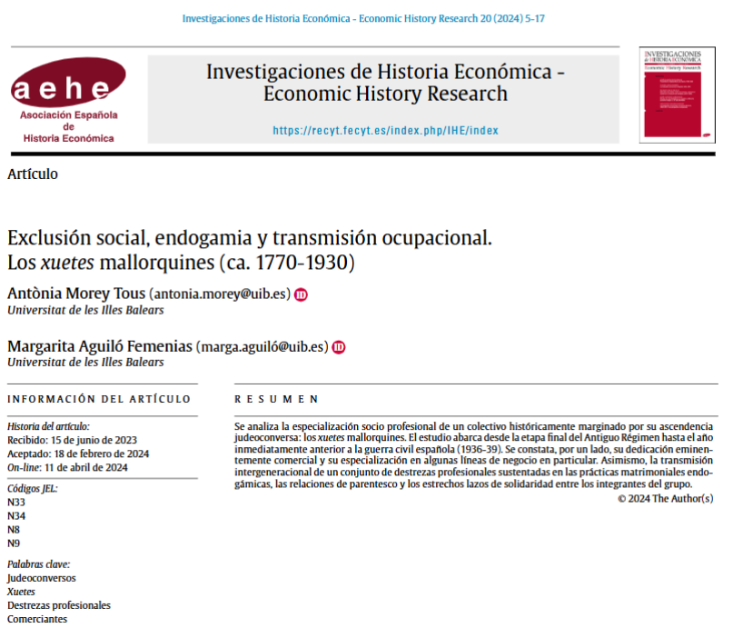 ¡Recomendación de lectura!  

➡️"Exclusión social, endogamia y transmisión ocupacional. Los xuetes mallorquines (ca. 1770-1930)"

✍️Antònia Morey Tous y Margarita Aguiló Femenias (<a href="/UIBuniversitat/">Universitat de les Illes Balears - UIB</a>)

🔗recyt.fecyt.es/index.php/IHE/…