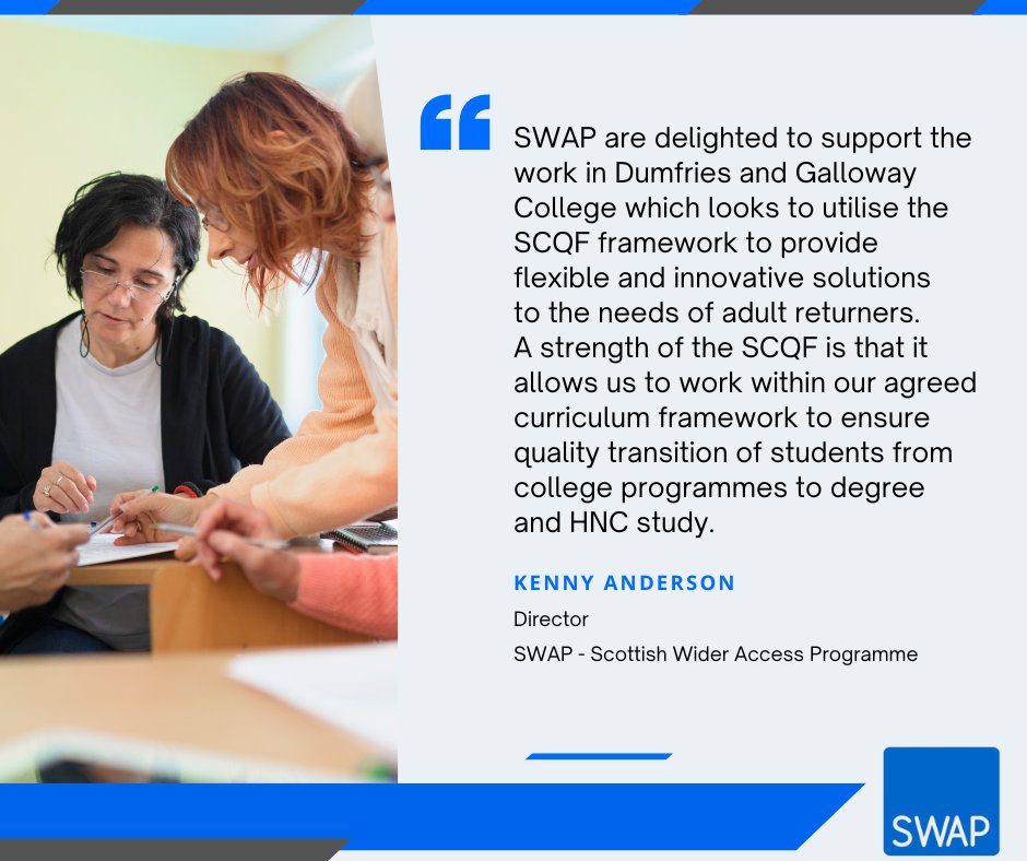 DandGCollege's tweet image. 🌟 SCQFWeek2024! 🌟

At DGC, we’re proud to partner with @SWAPNational to support adult returners. Together, we're using the SCQF framework to create flexible pathways from college to degree &amp;amp; HNC studies. 💪📚

#SCQFWeek24 #HigherEducation #SWAP