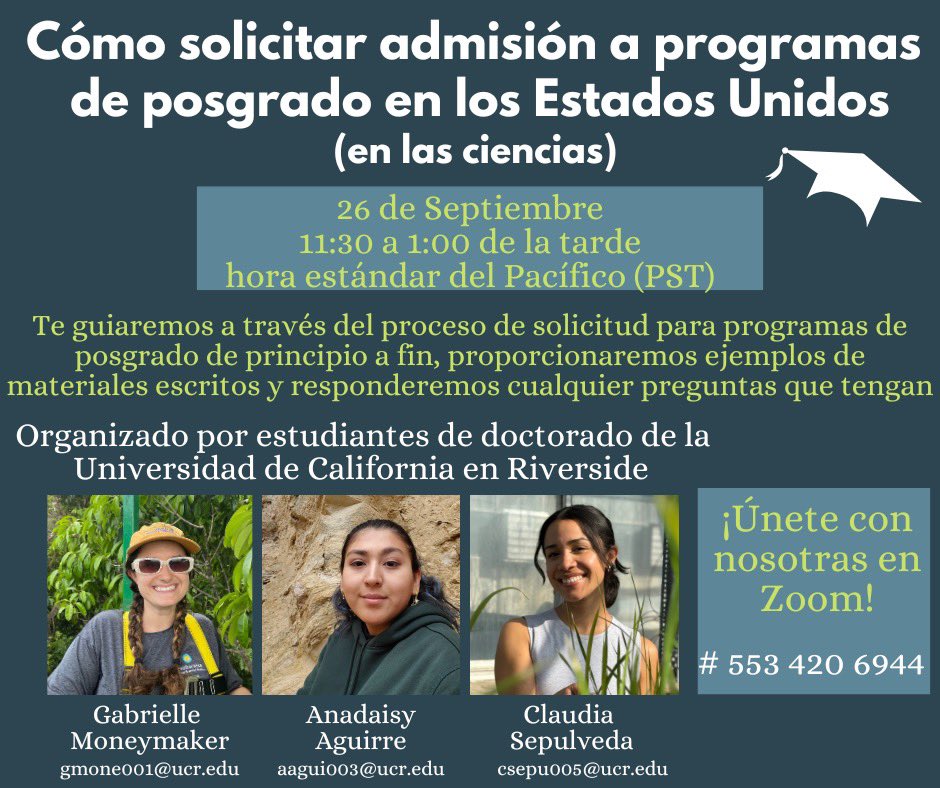 ¡Únete a nosotros para nuestra presentación y el taller que sigue sobre cómo ingresar a programas de posgrado el los EEUU, dado en español! Por favor, compártelo

Join us for our presentation and subsequent workshop on getting into graduate school, given in spanish! Please share