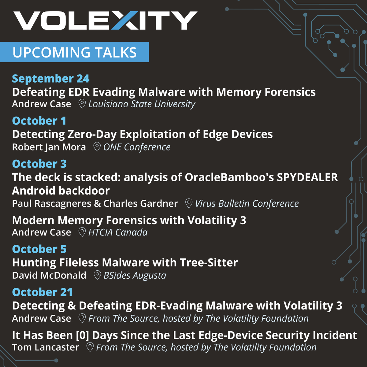 Volexity's tweet image. There are several opportunities coming up to hear some outstanding talks given by members of @Volexity’s R&amp;amp;D and #threatintel teams! We’ve compiled a list of who and where:
1/8