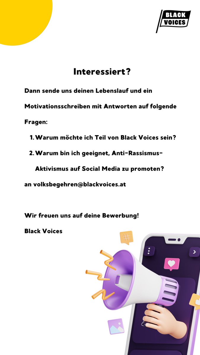 Wir suchen Menschen für unser Social Media Team! Sende uns bis 13.10. deine Bewerbung an volksbegehren@blackvoices.at
Wir freuen uns über eure Bewerbungen ✊🏾