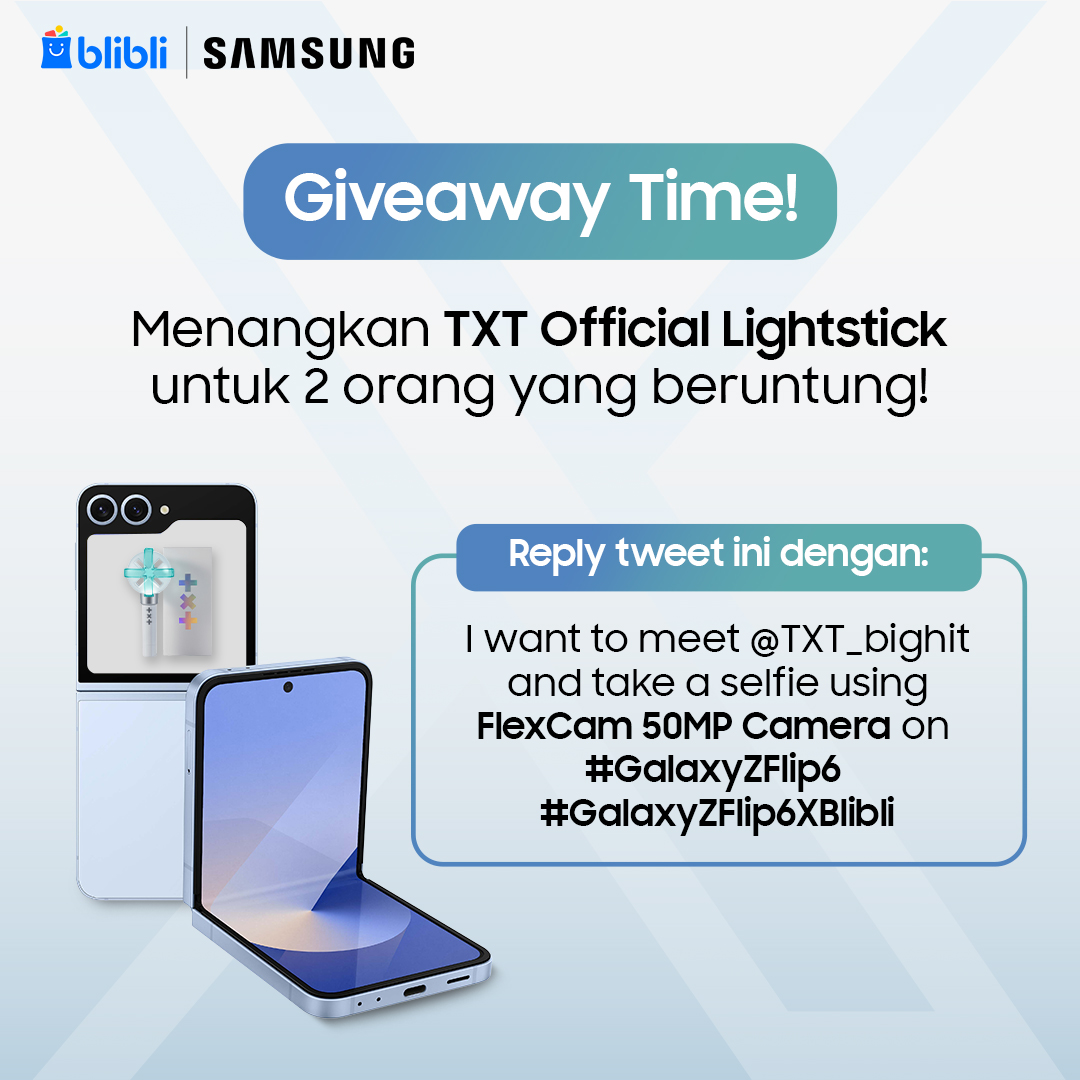bliblidotcom's tweet photo. ✨ GIVEAWAY ALERT UNTUK MOA ✨

Absen yang mau 2 buah @TXT_bighit Official Lightstick!

Cus MOA wajib ikutan:
• FOLLOW @bliblidotcom & @SamsungID
• RT & LIKE tweet ini
• REPLY dengan “I want to meet @TXT_bighit and take a selfie using FlexCam 50MP Camera on #GalaxyZFlip6 #GalaxyZFlipXBlibli”
• 2 Pemenang acak. Periode hingga 3 Oktober 2024.

Goodluck MOA🥳 #BliMinBeliin