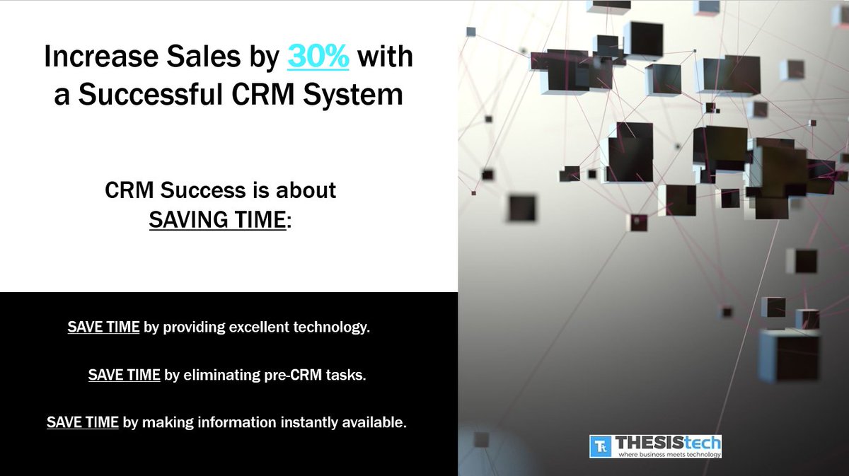 How to Increase Sales by 30% with a CRM System
--Successful Salespeople
CRM Success is about saving time: providing excellent technology, eliminating tasks, and making info immediately available.

#CRM #Microsoft #Dynamics365 #Technology #Sales

Full post:
thesistech.com/how-to-increas…