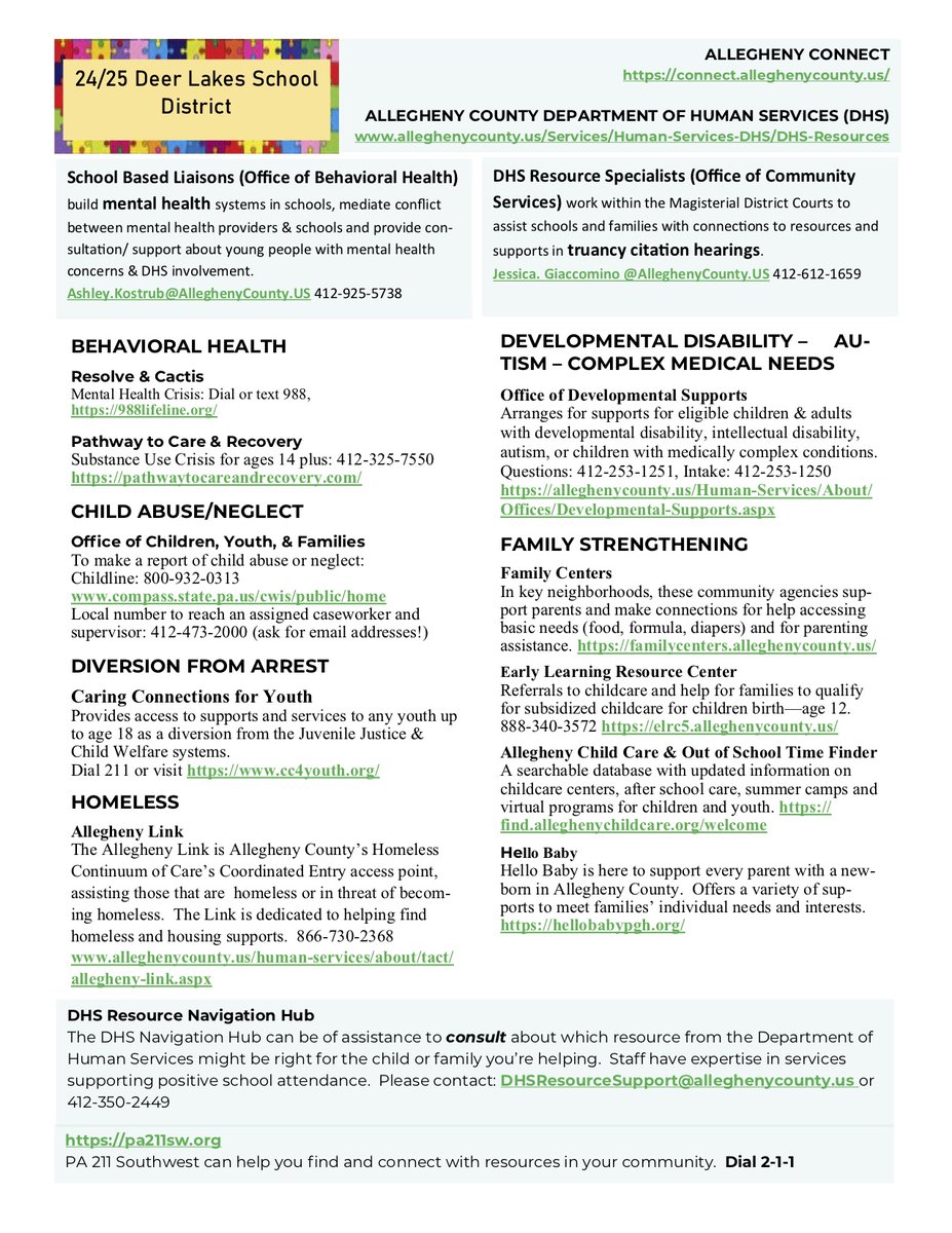 The Department of Human Services (DHS) has created a one-page sheet for our district to use that shares the contact information for the programs in the area.