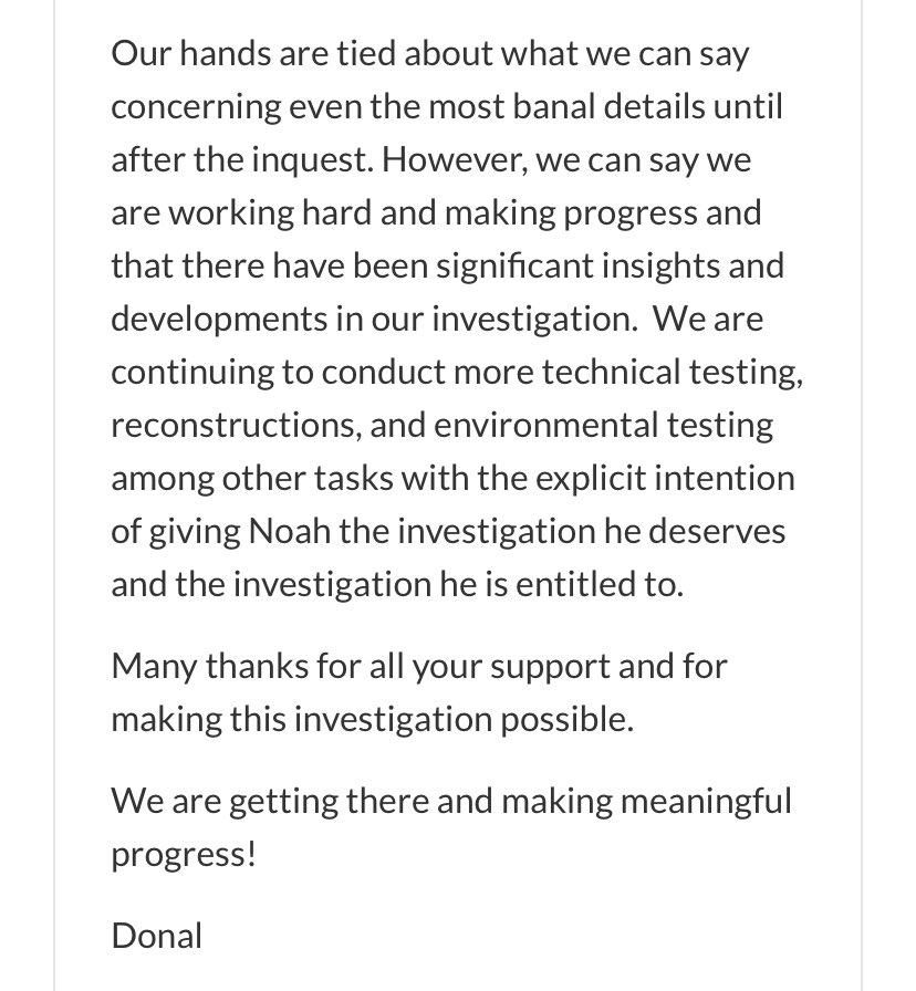 j_oconnor37's tweet photo. #JusticeForNoahDonohoe

Why can't @indifund's Private Noah Donohoe Investigation's findings be admitted to inquest as evidence, rather than suppressed by inquest?

@indifund update: " We are continuing to conduct more technical testing, reconstructions and environmental testing " https://t.co/h18bc7ASQE